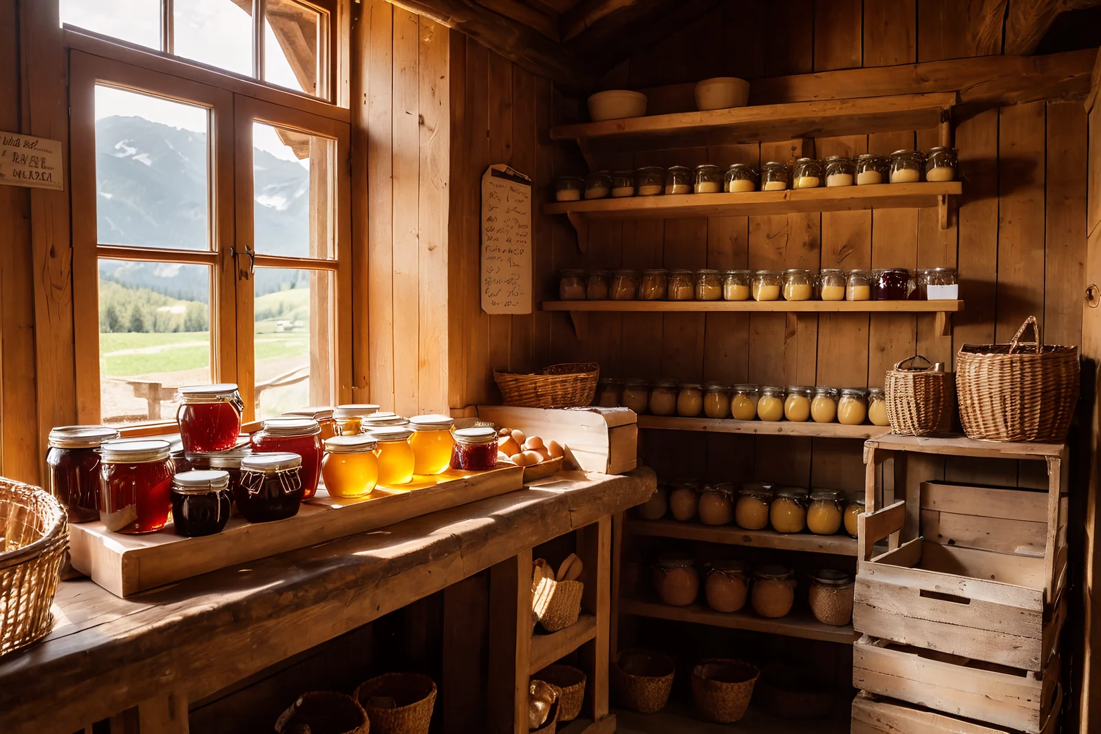 Blick ins Regal des Hofladens mit Honig, Marmelade, Eiern und Bergkäse