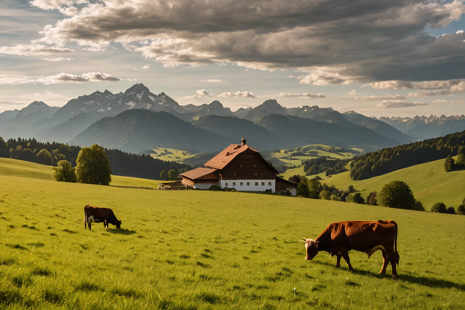 Weite Aufnahme der Hofstelle im Allgäu mit weidenden Rindern